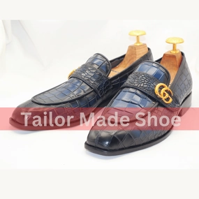 Quince Loafers Men's Luxury Crocodile-Pattern Leather Loafers  Custom-Made Leather Loafers with Gold Detail  Navy Blue Elegance