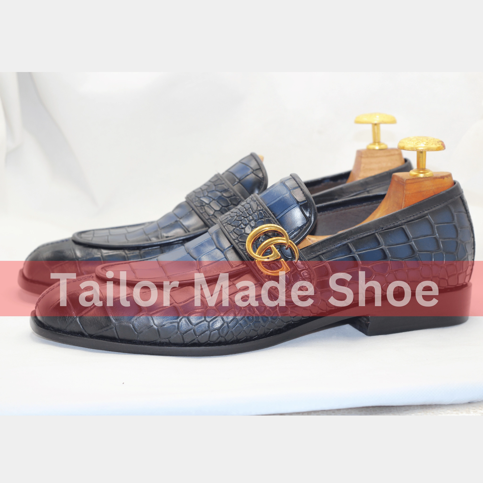 Loafers Bloomingdales Men's Luxury Crocodile-Pattern Leather Loafers  Custom-Made Leather Loafers with Gold Detail  Navy Blue Elegance