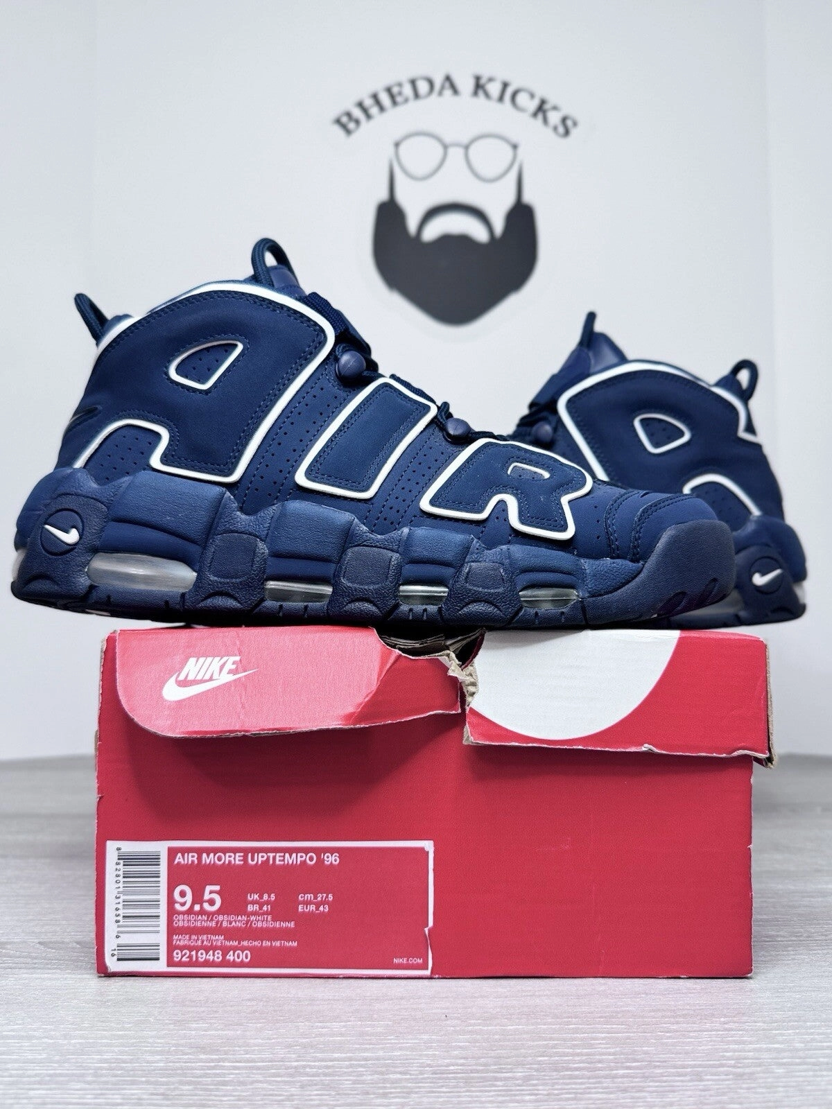 Size 9.5 - Nike Air More Uptempo '96 Obsidian Navy White 921948-400 CLEAN Asics Hiking Shoes
