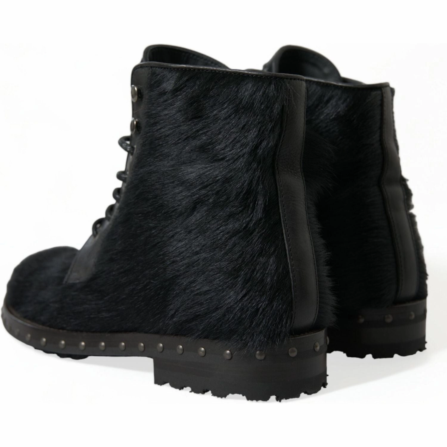 Dolce & Gabbana Black Pony Style Leather Mid Calf Boots Shoes Canvas Flat Shoes