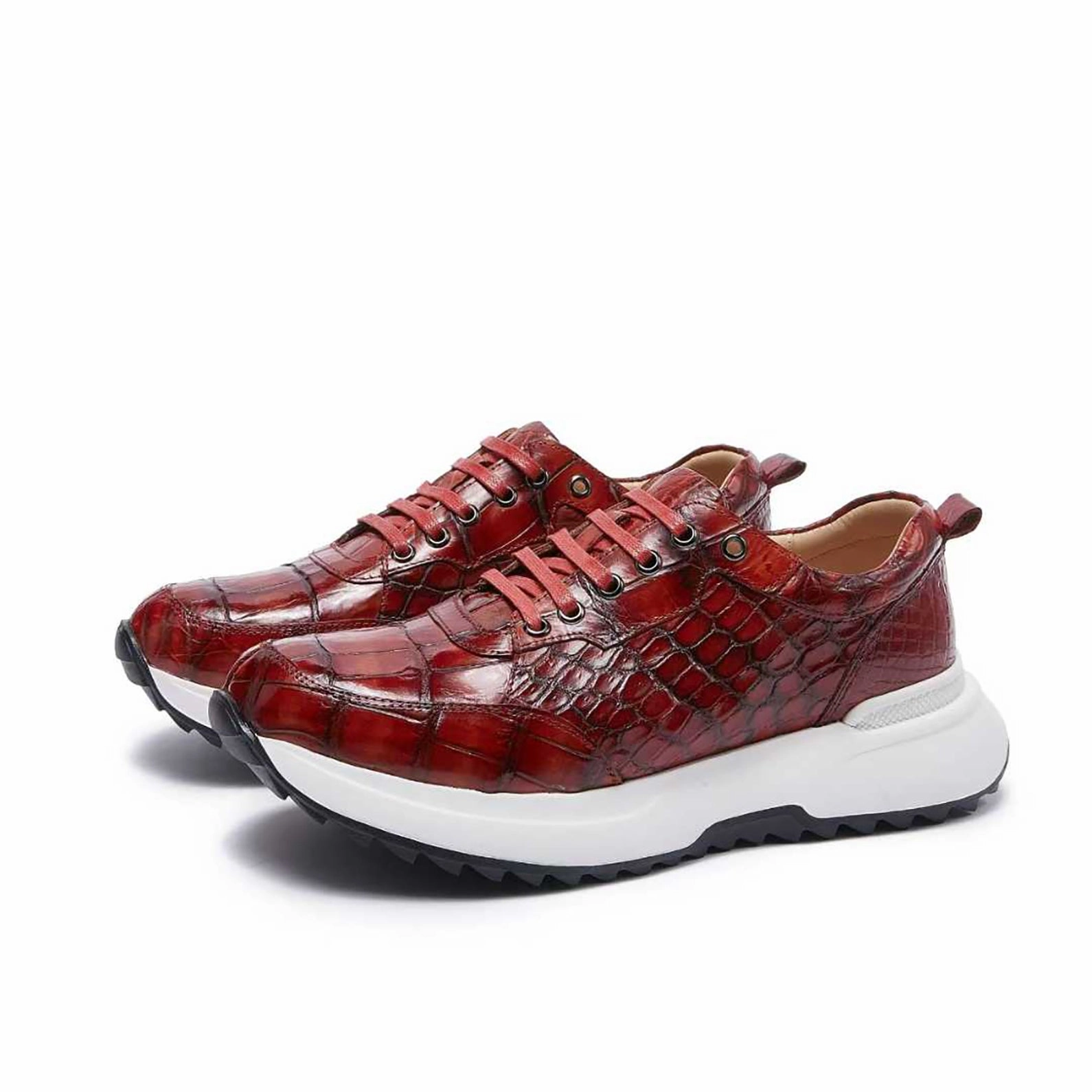 Red Alligator Leather Sneakers for Men  Handmade Exotic Sport Style with Bold Patina and Rubber Sole Cheetah Print Sneakers