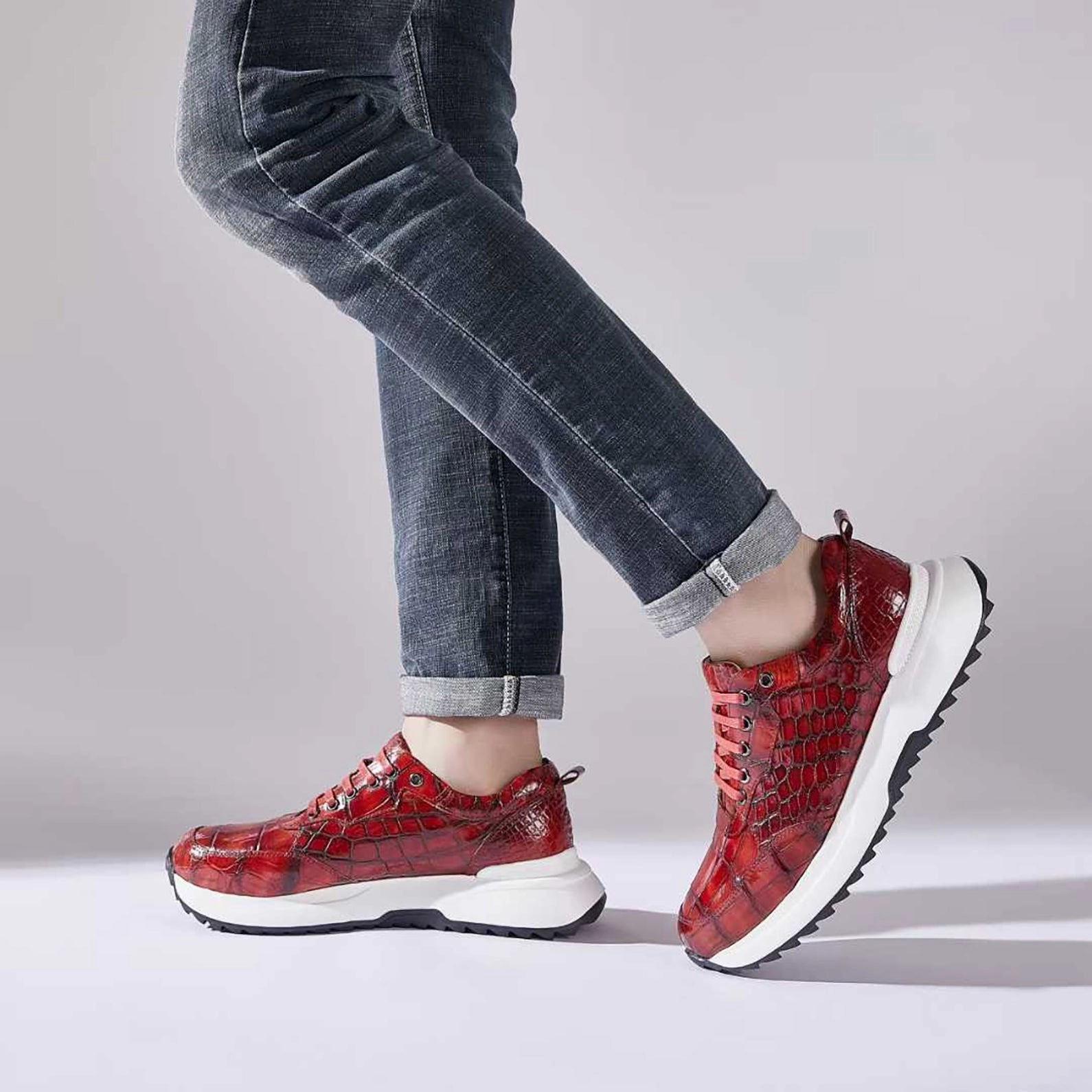 Red Alligator Leather Sneakers for Men  Handmade Exotic Sport Style with Bold Patina and Rubber Sole Ferrari Sneakers