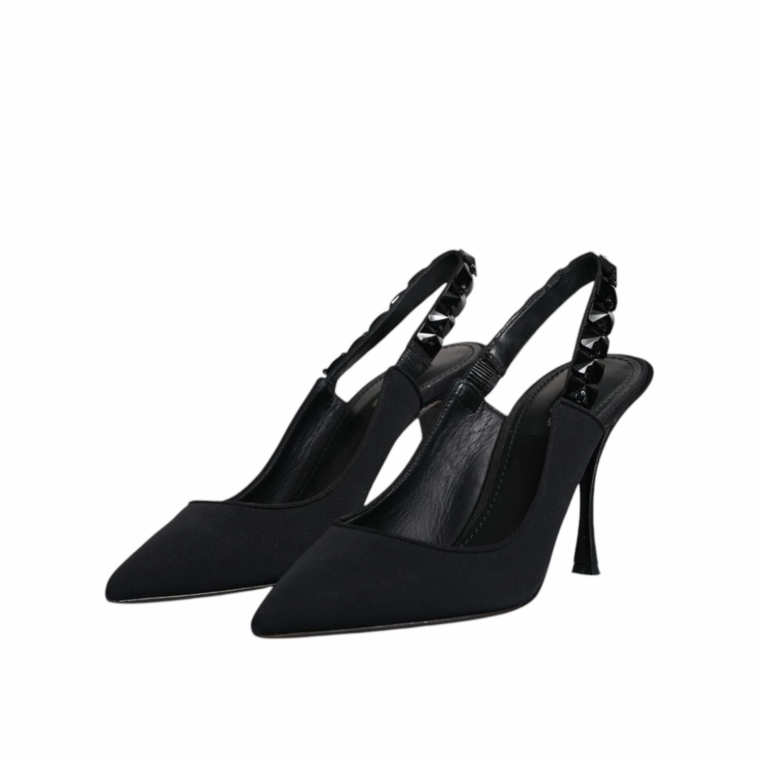 Dolce & Gabbana Black Embellished Charmeuse Slingback Shoes Kitten Heel Sandals