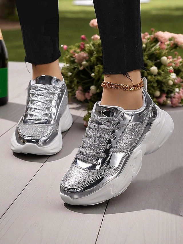 with Platform Sneakers Metallic Women's Glitter Chunky