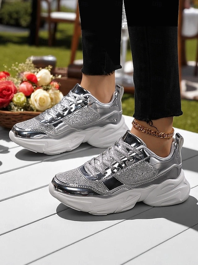 with Platform Sneakers Metallic Women's Glitter Chunky