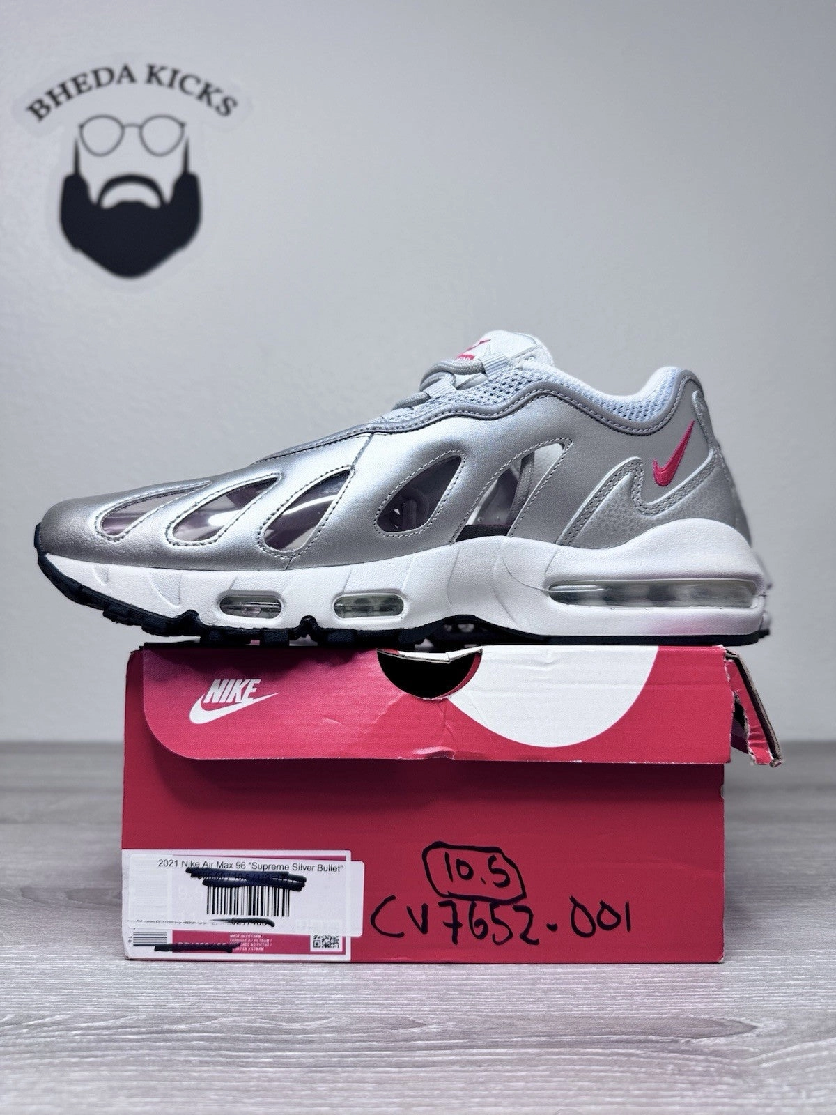 Size 10.5 - Nike Air Max 96 x Supreme Metallic Silver 2021 CV7652-001 Preowned Asics Shoes For Heel Pain