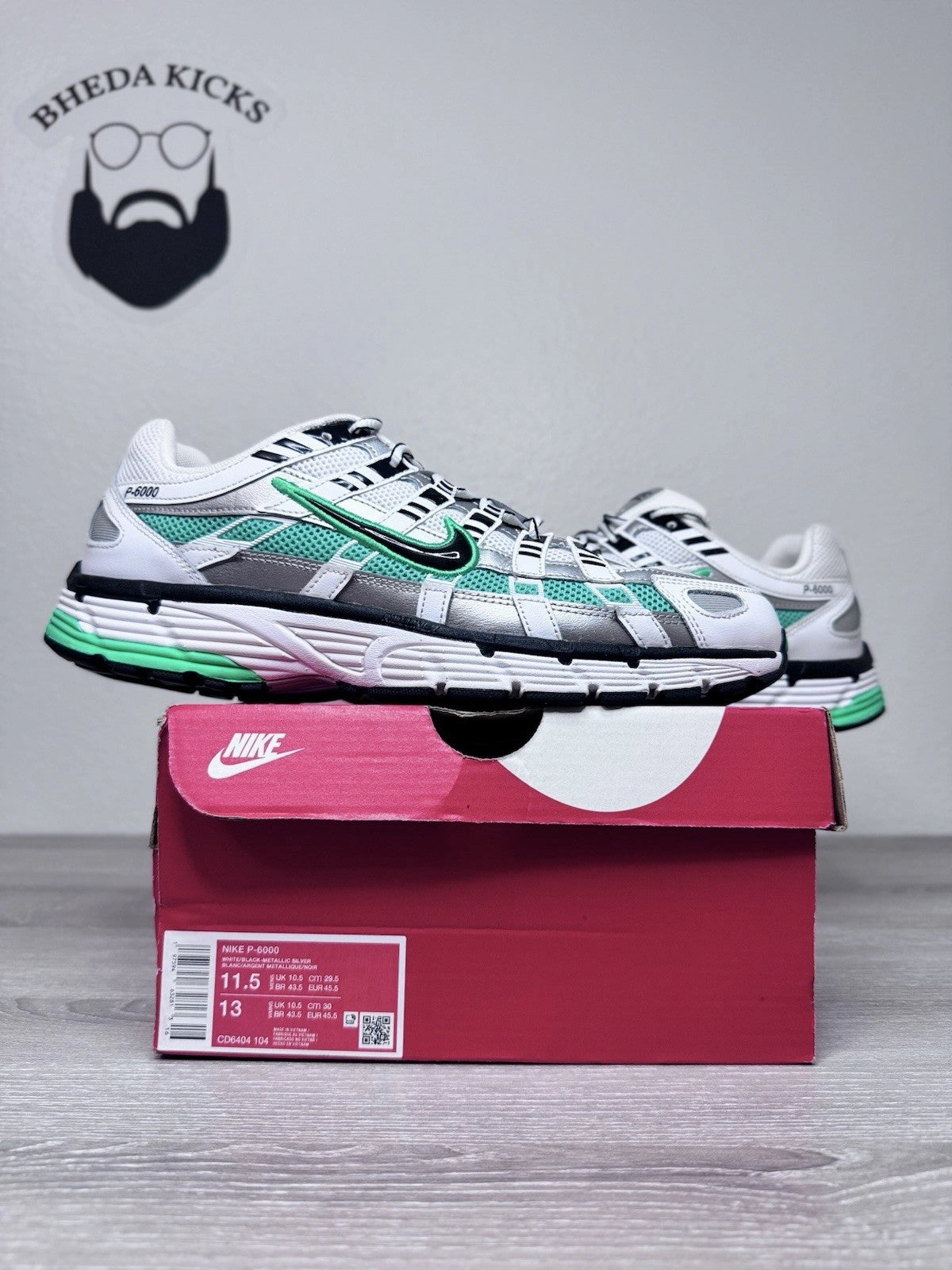 Finder Asics Size 11.5 - Nike P-6000 White Spring Green Silver White Leather CD6404-104