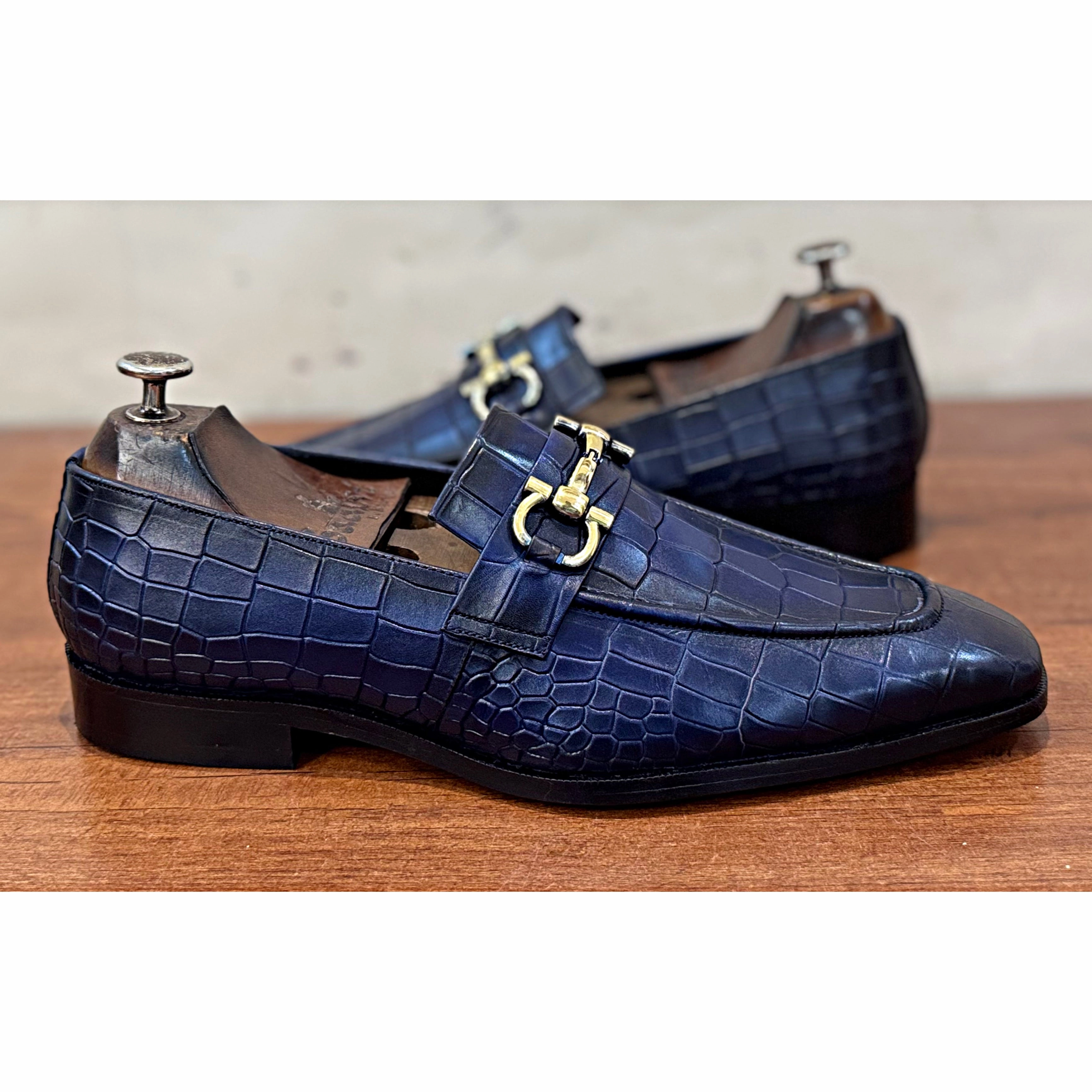 Flag Ltd Loafers Croco Blue Loafers Golden Buckle