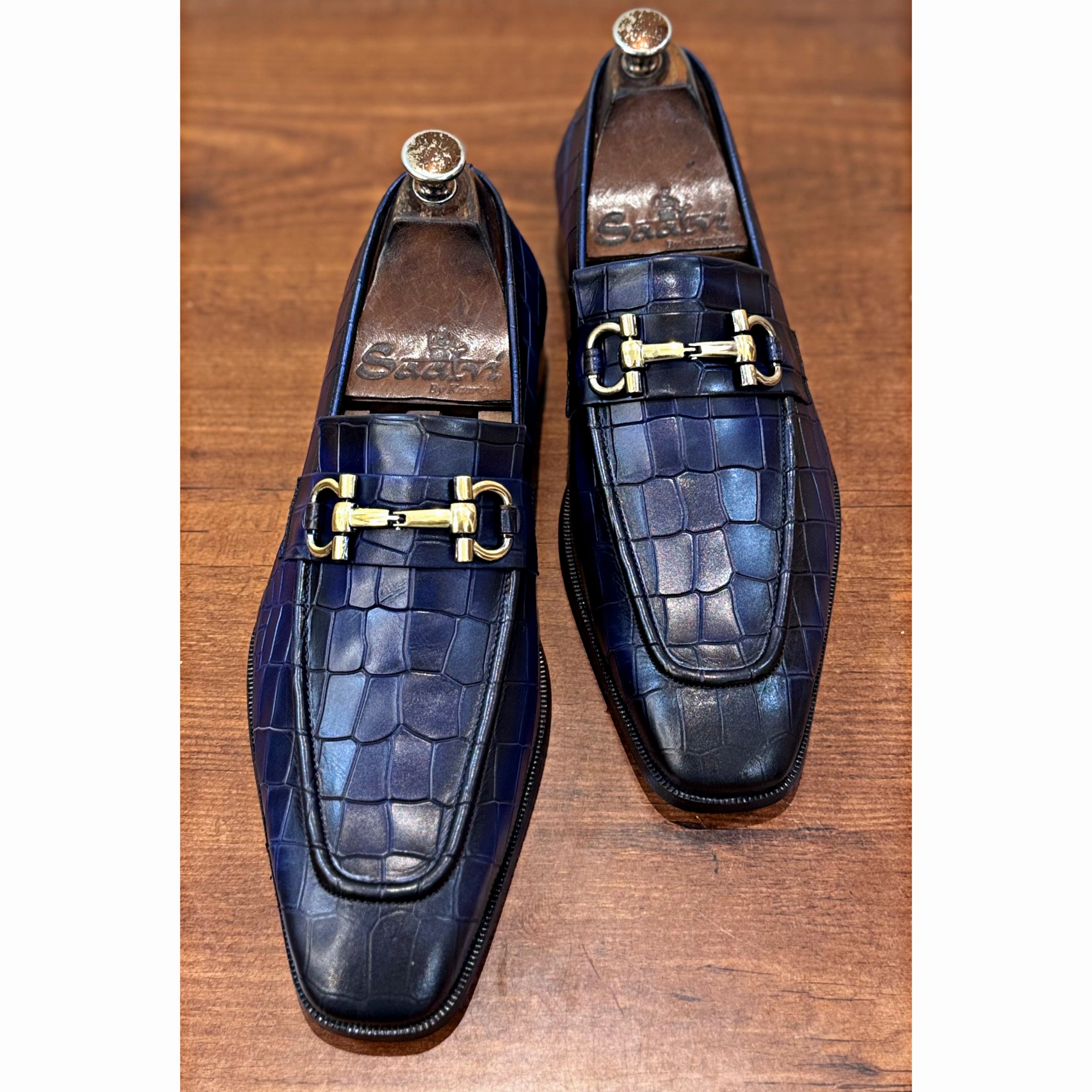Croco Blue Loafers Golden Buckle Wide Toe Loafers