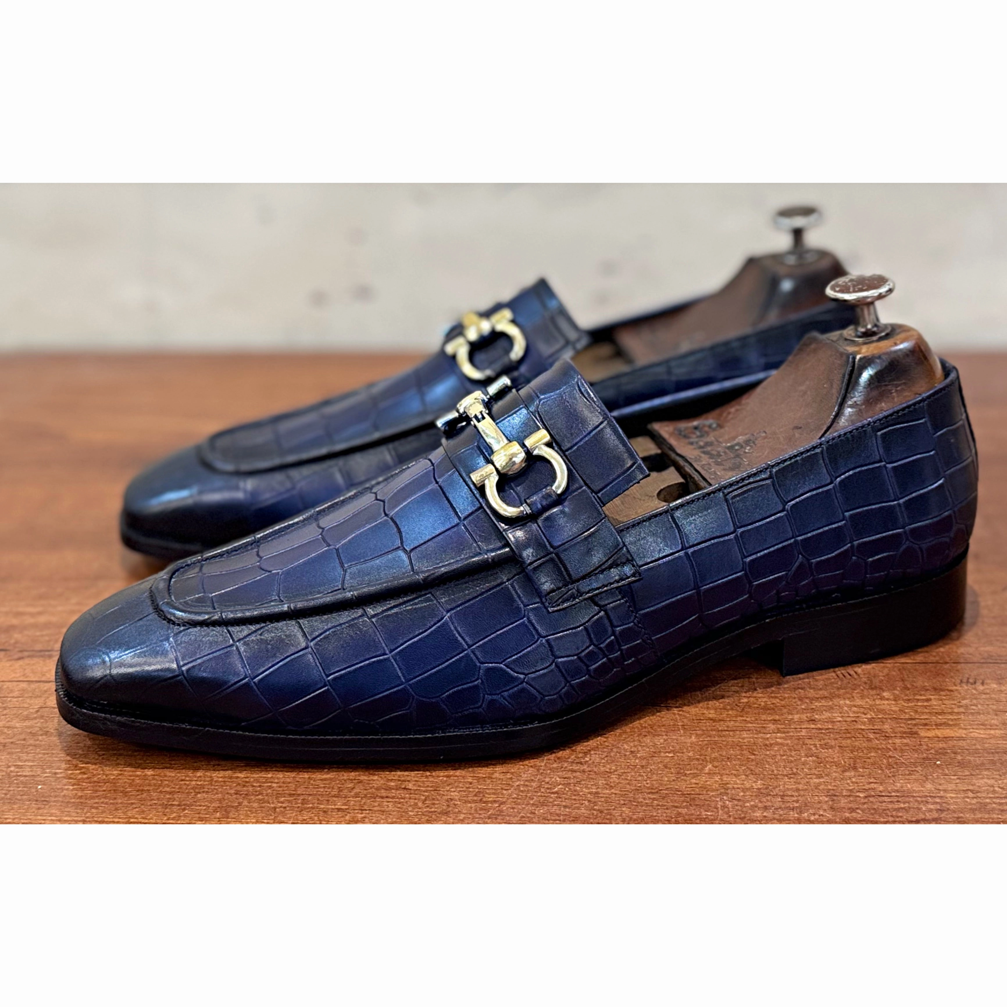 Croco Blue Loafers Golden Buckle Alligator Loafers