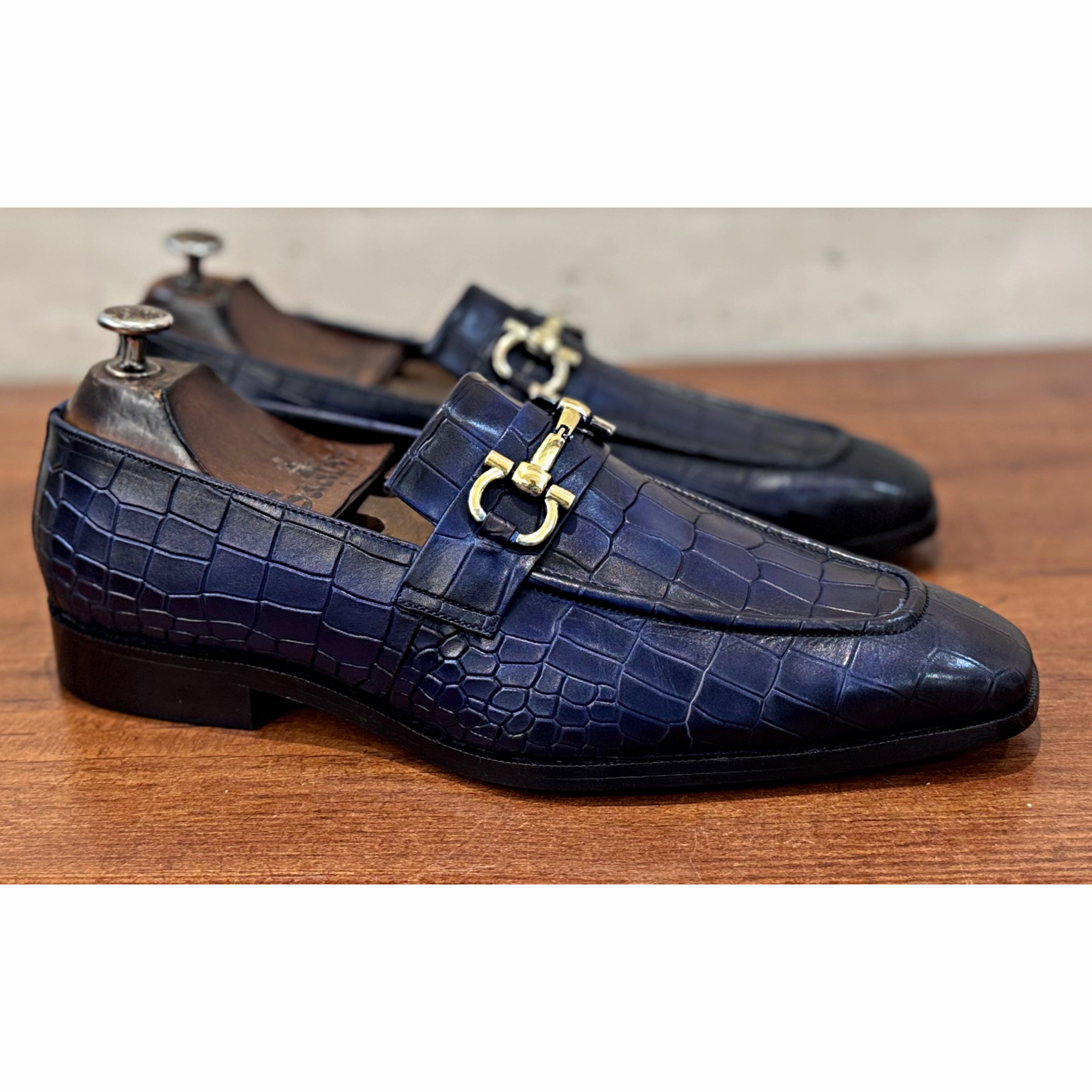 Loafers Station Menu Croco Blue Loafers Golden Buckle