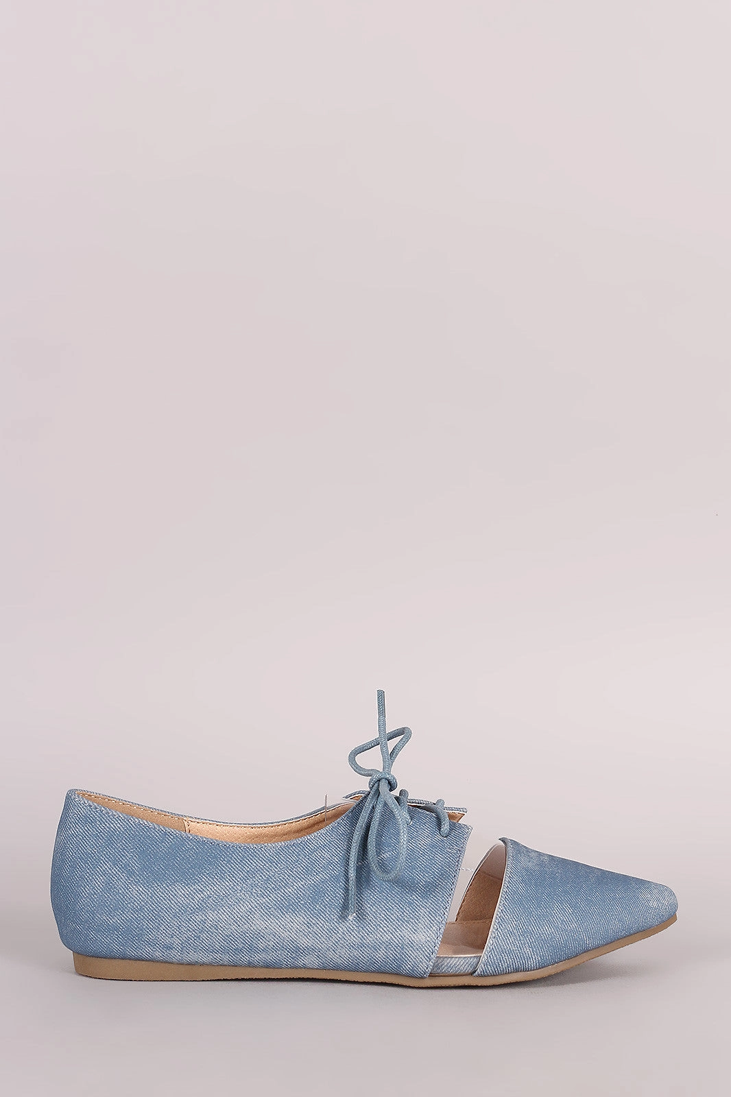 Liliana Denim Print Lucite Inset Lace-Up Oxford Flat Pointed Flats Shoes
