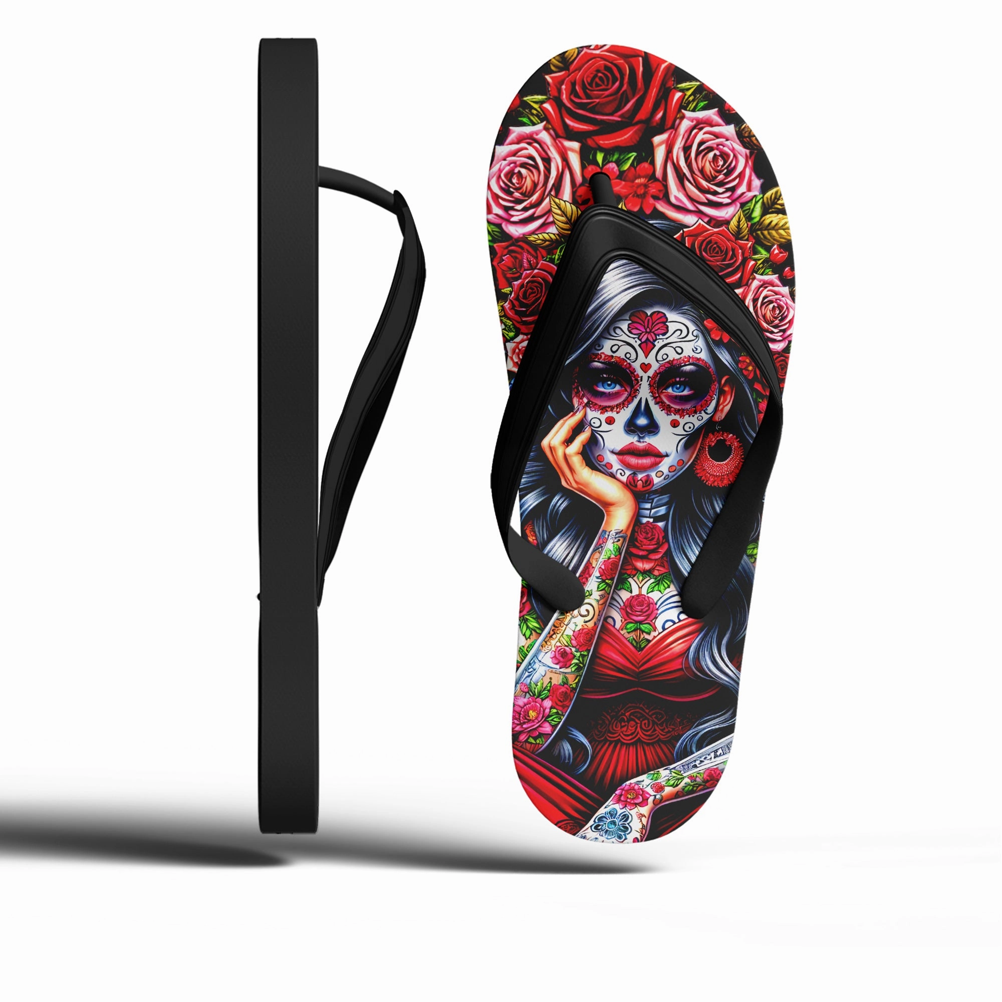 Flip Flop Bar Toponepod Sugar Skull Lady Flip Flops | Colorful Da de los Muertos Sandals with Tattooed Catrina & Roses | FN058-25023046-2