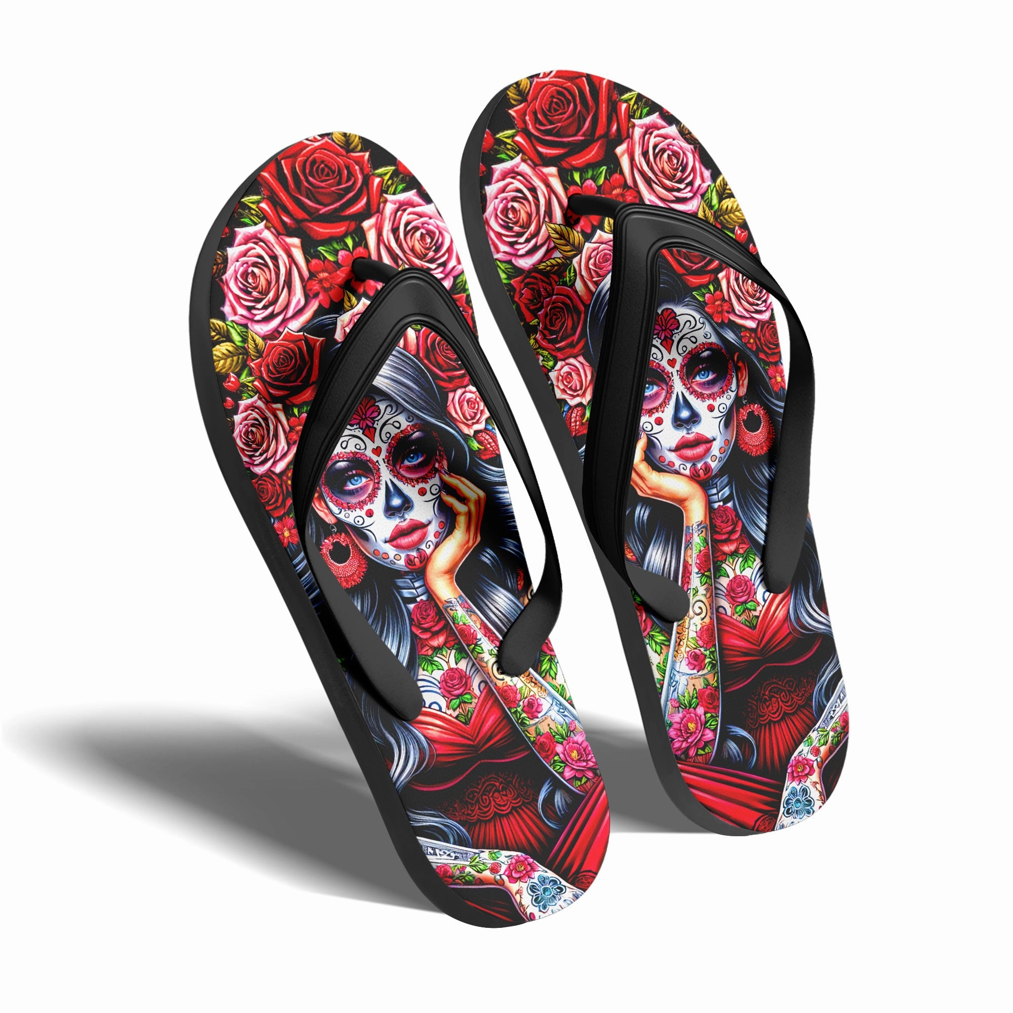 Toponepod Sugar Skull Lady Flip Flops | Colorful Da de los Muertos Sandals with Tattooed Catrina & Roses | FN058-25023046-2 Flip Flops Boy