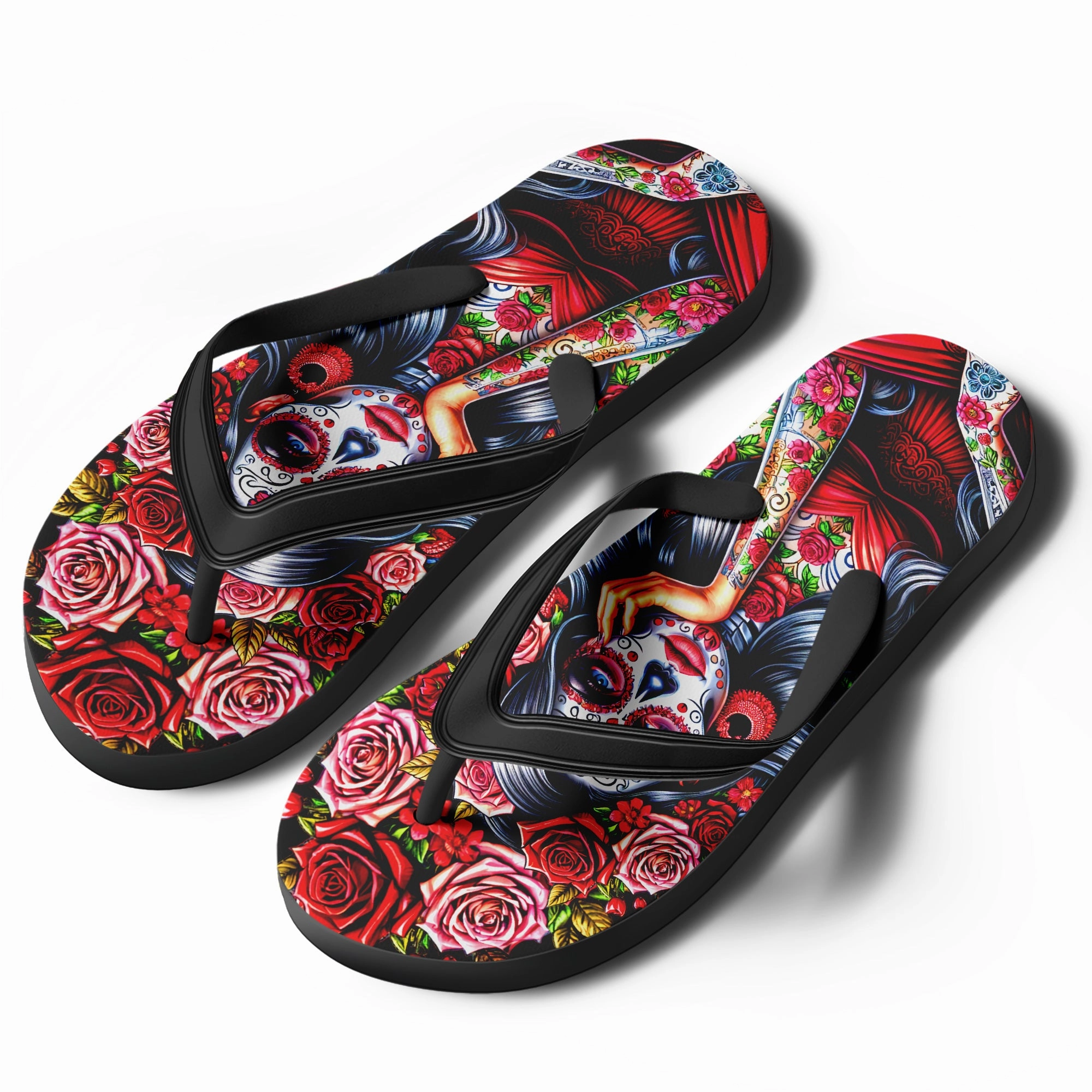 Best Flip Flops For Back Support Toponepod Sugar Skull Lady Flip Flops | Colorful Da de los Muertos Sandals with Tattooed Catrina & Roses | FN058-25023046-2