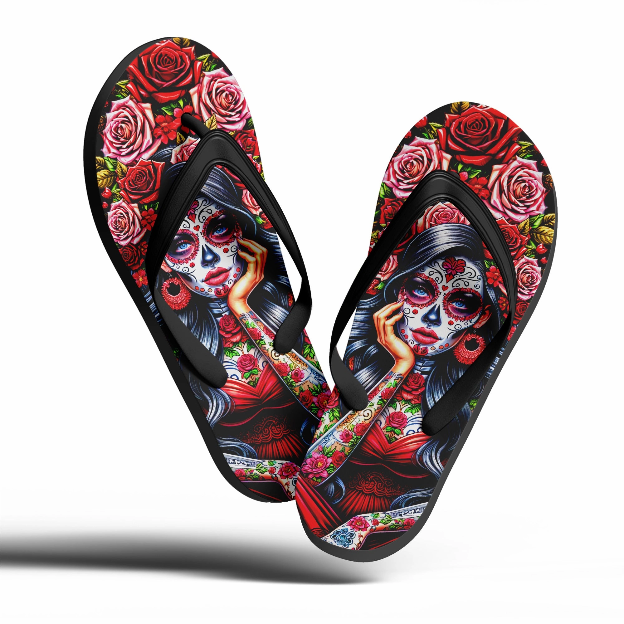Toponepod Sugar Skull Lady Flip Flops | Colorful Da de los Muertos Sandals with Tattooed Catrina & Roses | FN058-25023046-2 Kamala Harris List Of Flip Flops