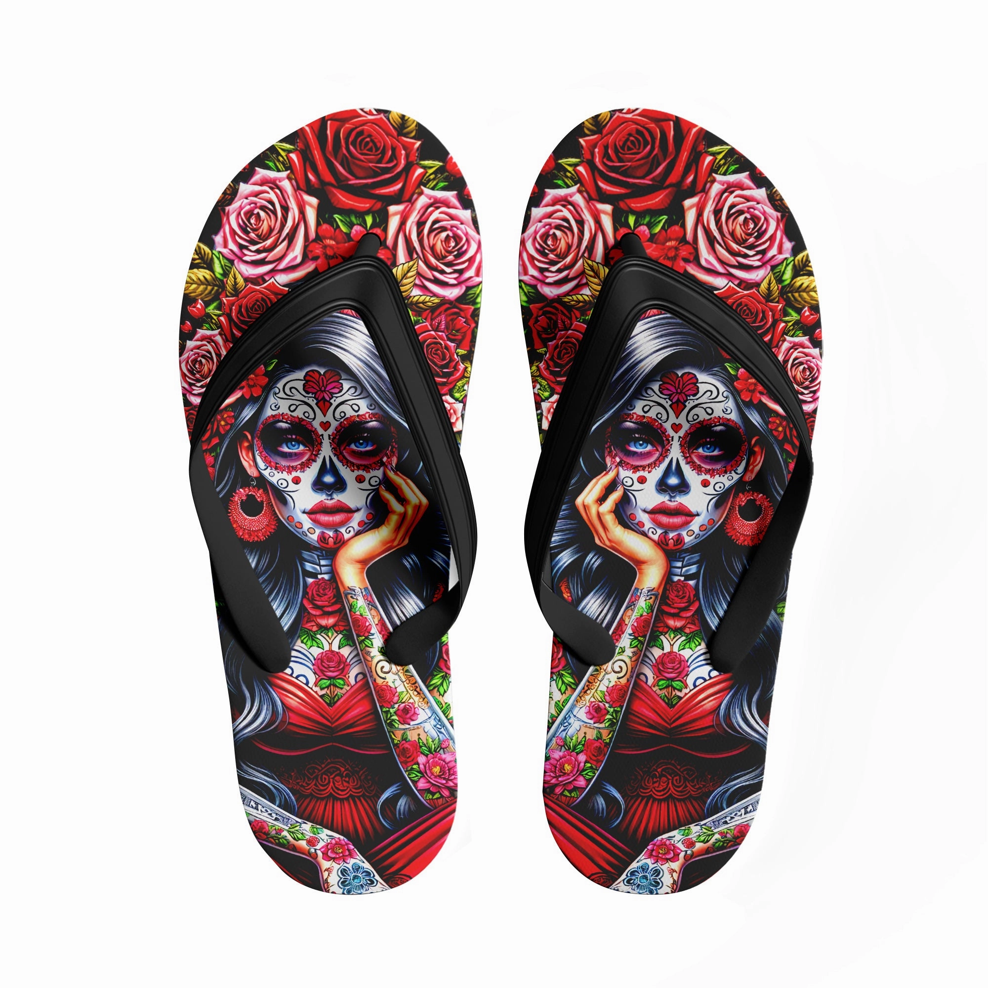 Yume Yume Flip Flops Toponepod Sugar Skull Lady Flip Flops | Colorful Da de los Muertos Sandals with Tattooed Catrina & Roses | FN058-25023046-2