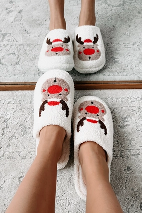 Frog Slippers Hey Rudolph Fuzzy Reindeer Slippers (White/Reindeer)
