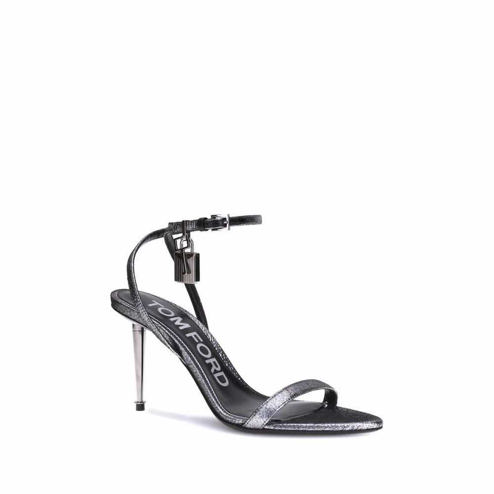 Sezane Sandals Tom Ford Silver Calf Leather Bos Taurus Stiletto Heel Sandals