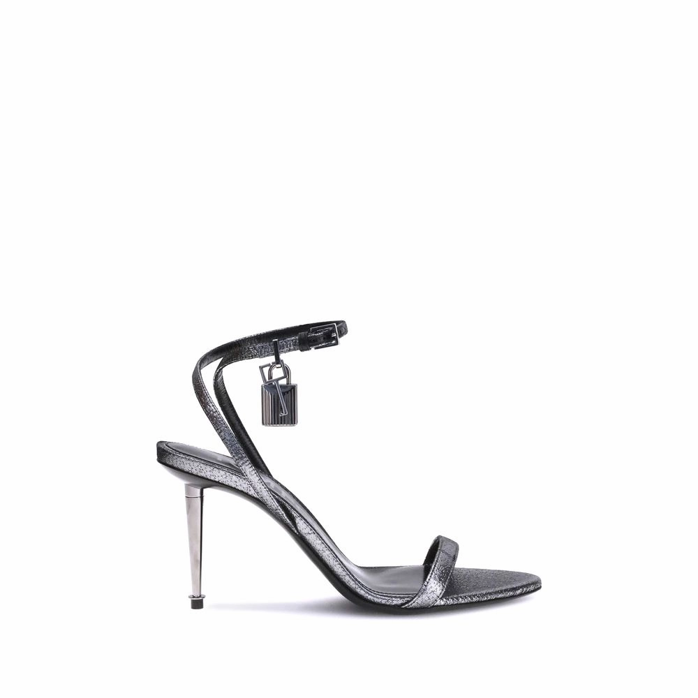 Tom Ford Silver Calf Leather Bos Taurus Stiletto Heel Sandals Wooden Wedge Sandals