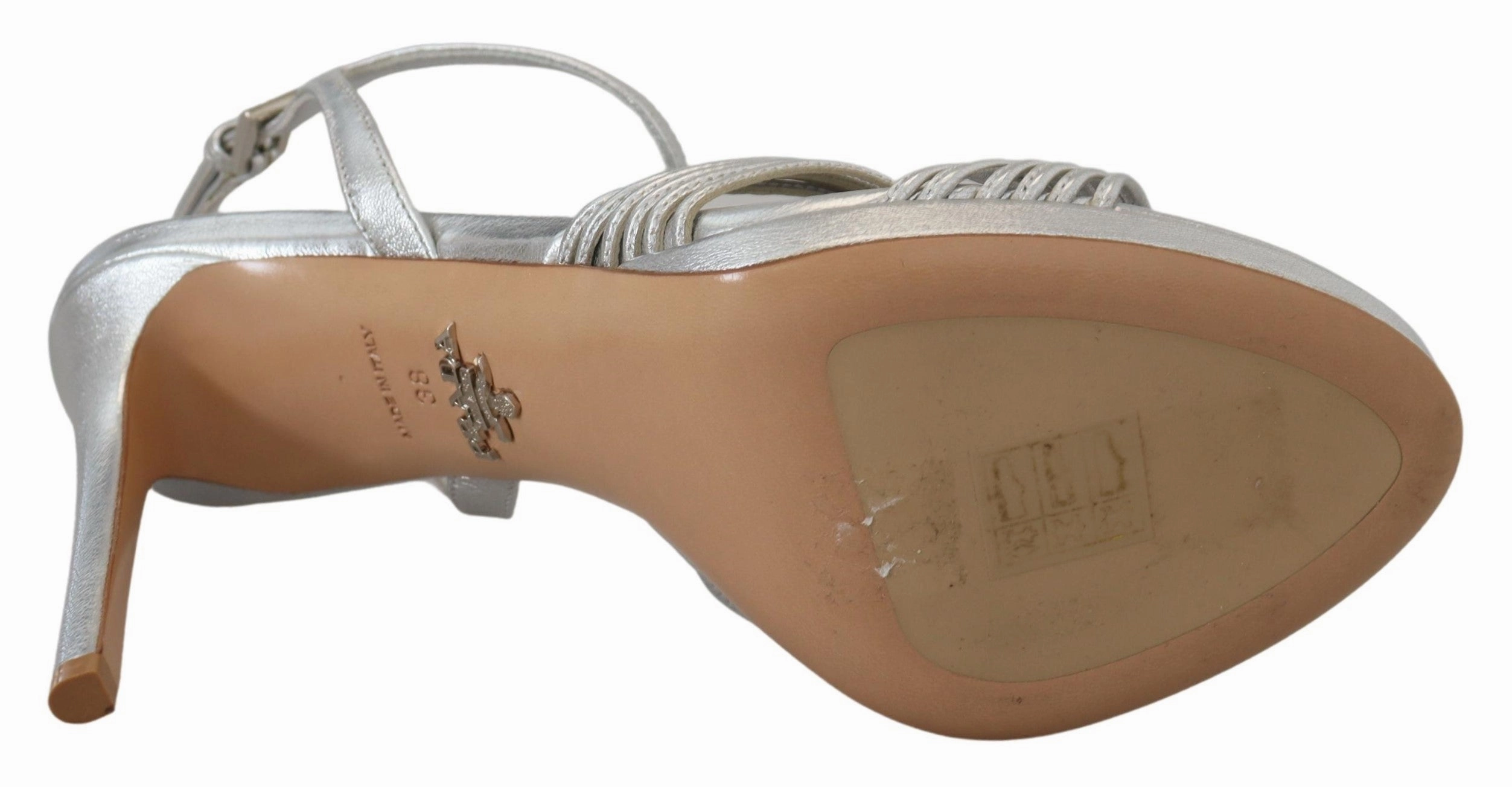 La Toc Spa Silver Leather Sandals Ankle Strap Heels Stiletto