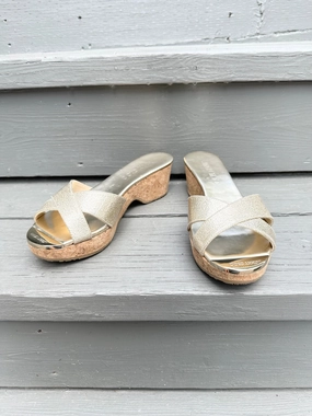 Jamaica Sandals JIMMY CHOO Panna Gold Glitter Cork Wedge Leather Slide Sandals