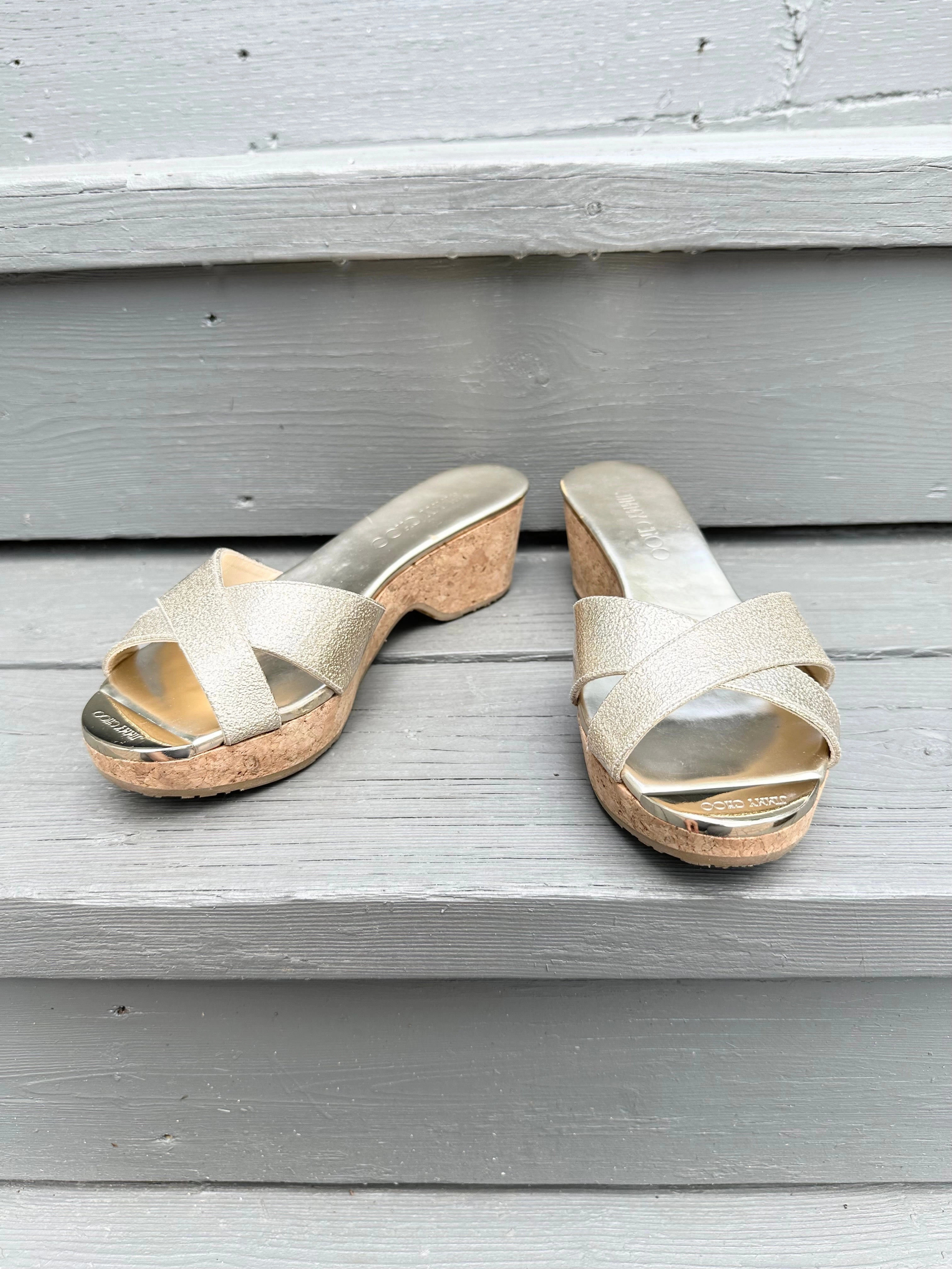 Sandals Bahamas Resorts JIMMY CHOO Panna Gold Glitter Cork Wedge Leather Slide Sandals