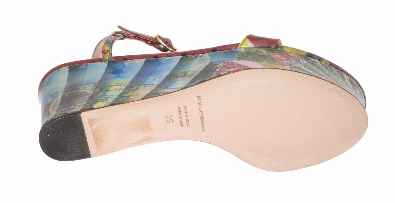 Multicolor Sicily Print Crystal Wedges Leather Shoes Comfy Sandals For Walking