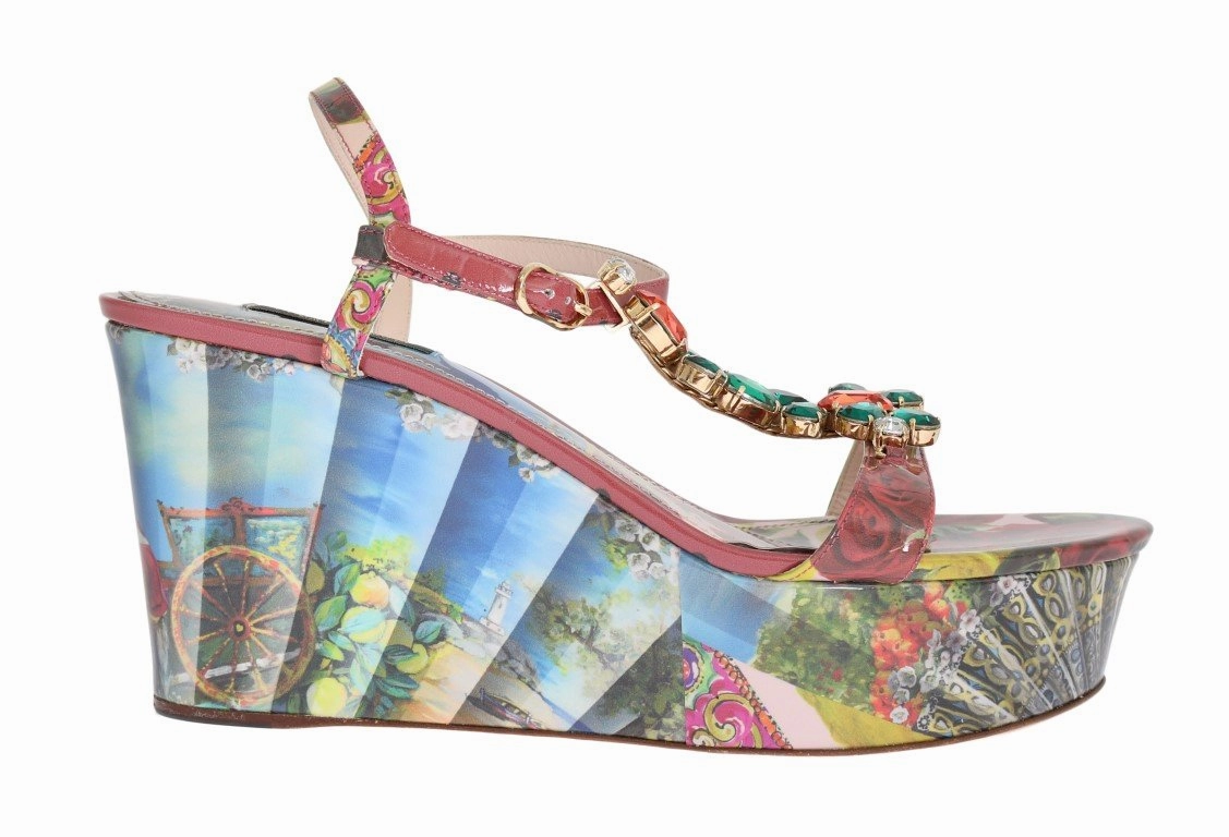 Sandals Mesh Multicolor Sicily Print Crystal Wedges Leather Shoes