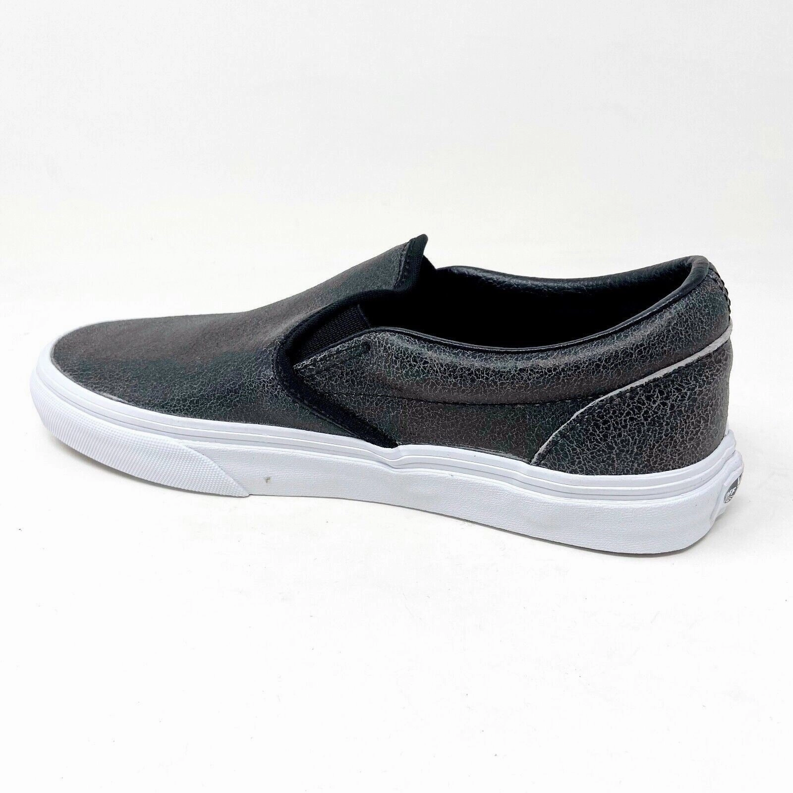 Wyoming Leather Casual Shoes Vans Classic Slip On (Cracked Leather) Black White Womens Casual Shoes