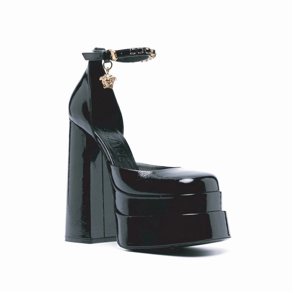 Flat Dress Sandals Versace Black Calfskin Platform Pumps