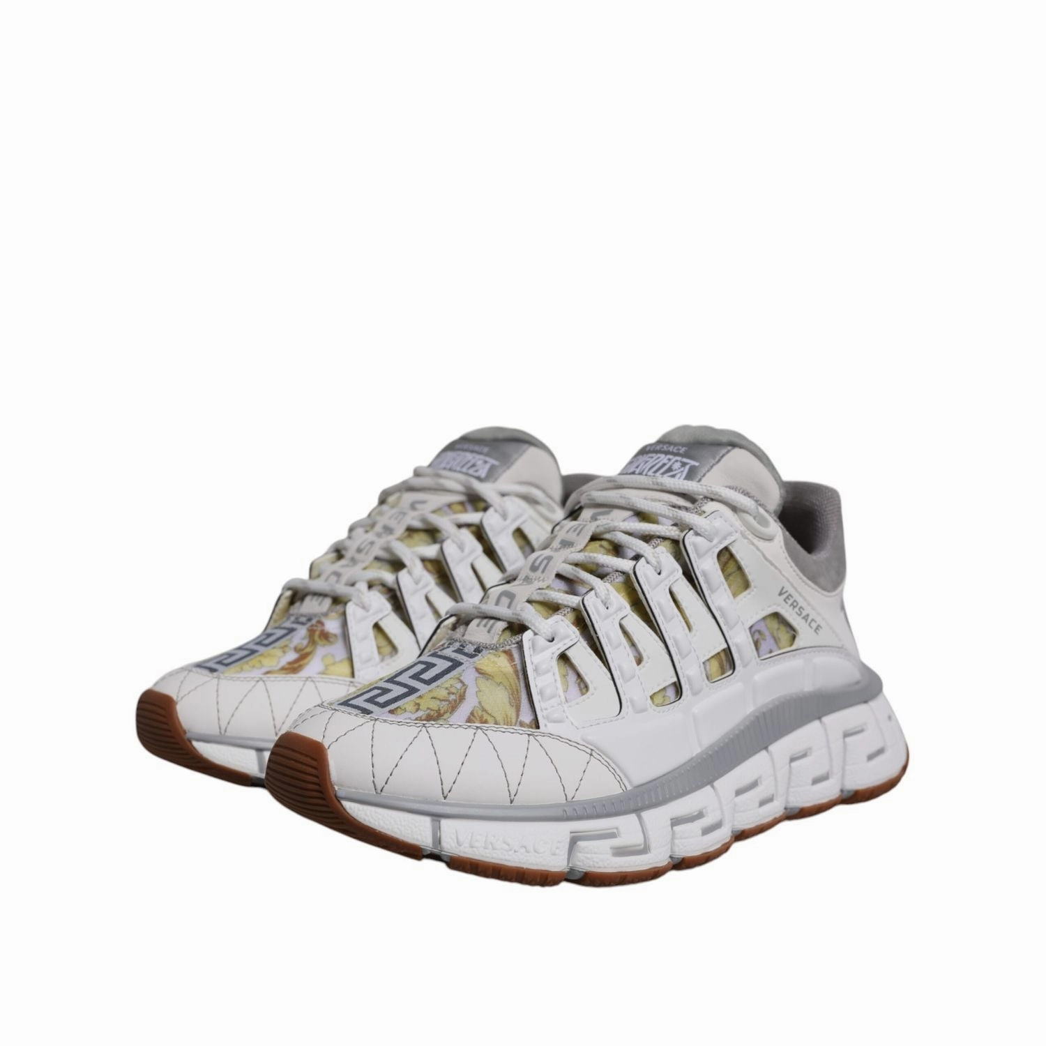 Versace White Trigreca Barocco Print Low Top Sneakers Shoes Heel Sneakers