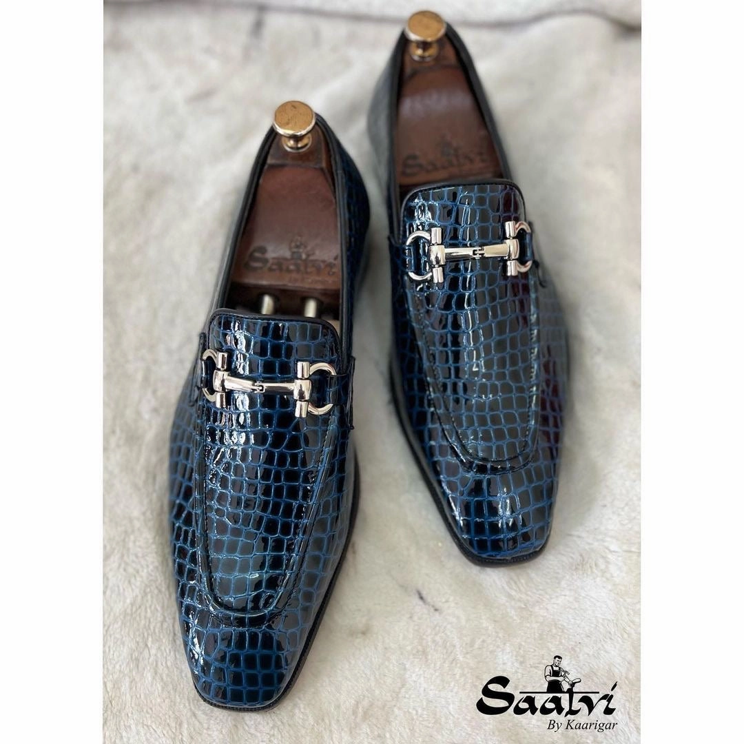 Belgian Loafers With Tuxedo Patent Croco Loafers Blue