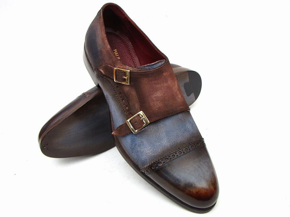 Paul Parkman Men's Captoe Double Monkstrap Antique Blue & Brown Suede Socks And Loafers