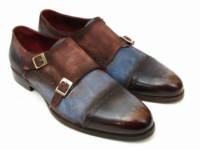 Paul Parkman Men's Captoe Double Monkstrap Antique Blue & Brown Suede Linen Loafers