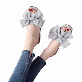 Women Fashion Cloth Bow Flat Heel Square Toe Sandals Slipper Beach Shoes Flat Clubbing Shoes