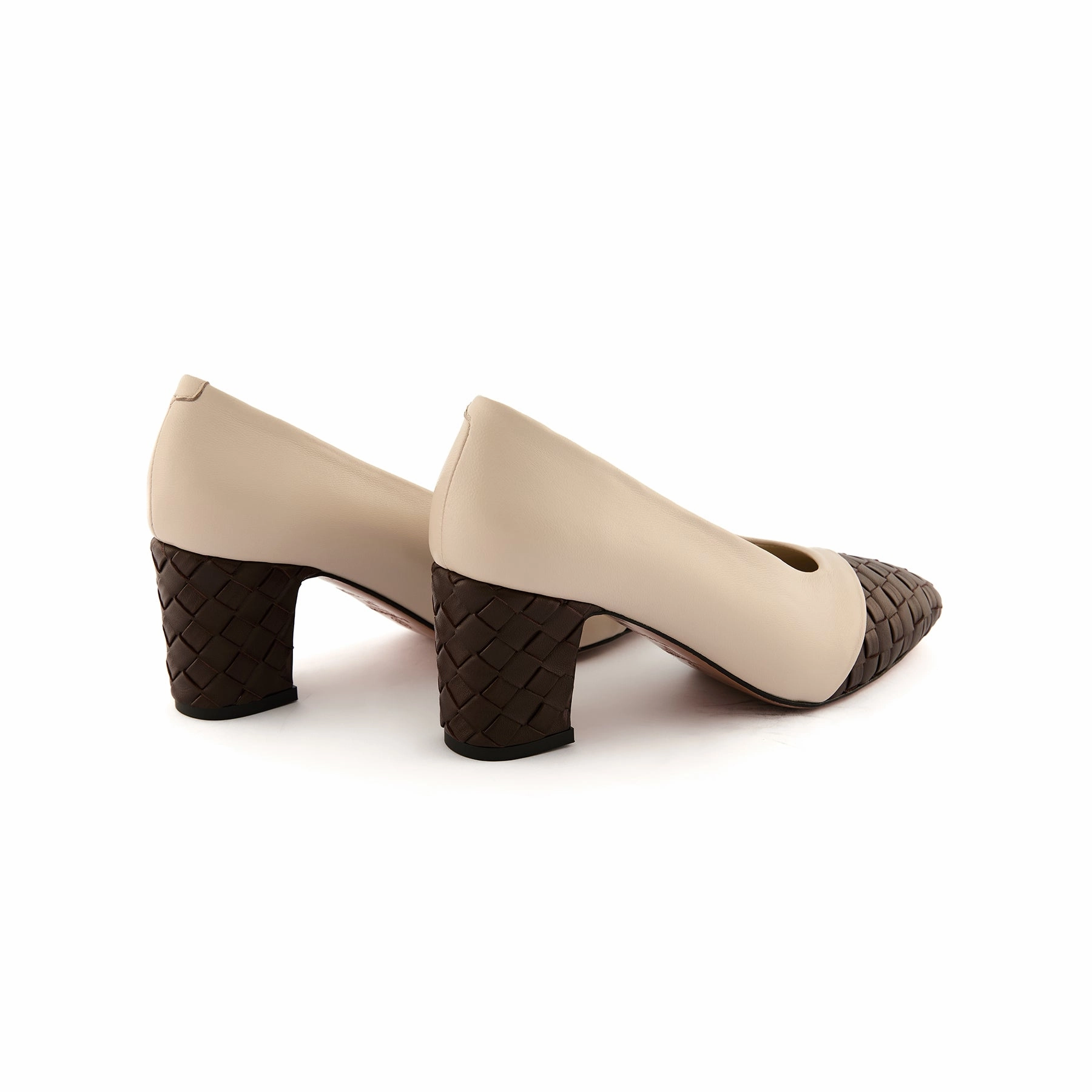 Women's Beige and Brown Round-Toe Handmade Lambskin Leather Block Heels W1013 Mickey Casual Shoes