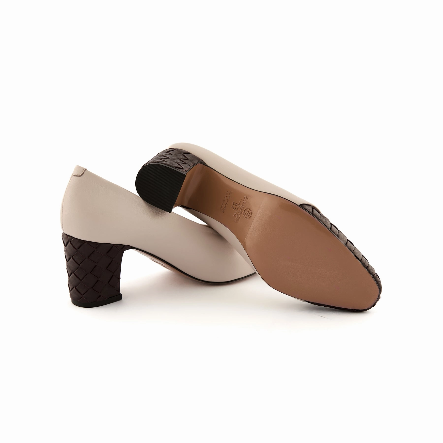 Business Casual Orthopedic Shoes Women's Beige and Brown Round-Toe Handmade Lambskin Leather Block Heels W1013