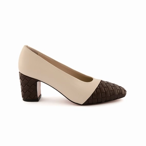 Women's Beige and Brown Round-Toe Handmade Lambskin Leather Block Heels W1013 Air Max Genome Casual Shoes