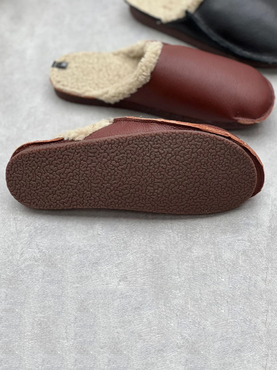 Posey Slippers Women Vintage Winter Leather Fleece-lined Flat Slippers AV1041