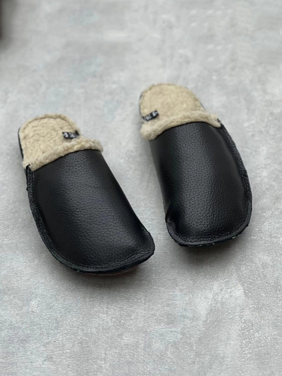 Women Vintage Winter Leather Fleece-lined Flat Slippers AV1041 Slide Flip Flops